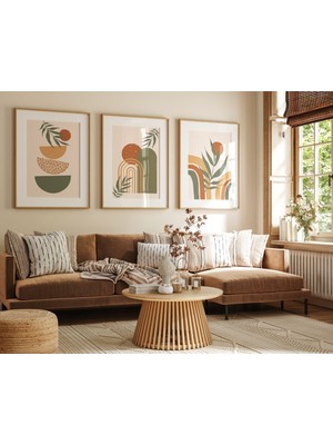 Pam Studio Yeşil Kiremit Renkli Bohem 3’lü Tablo Seti | Ahşap Çerçeveli Modern Bitki & Geometrik Poster