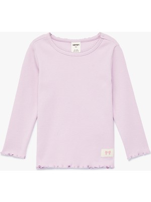 Koton Pamuklu Uzun Kollu Etiket Detaylı Fırfırlı Bisiklet Yaka Tişört