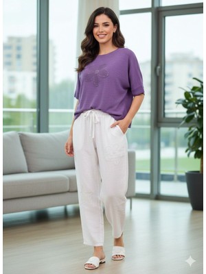 Kadın Papatya ve Yıldız Desenli File Detaylı Kısa Kol Keten Kombin (Bluz ve Pantolon)