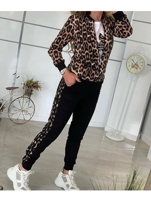 Kadın Uzun Kollu Önden Fermuarlı Leopar Desen Detaylı Viskon Iki Iplik Bluz ve Pantolon Ikili Takım