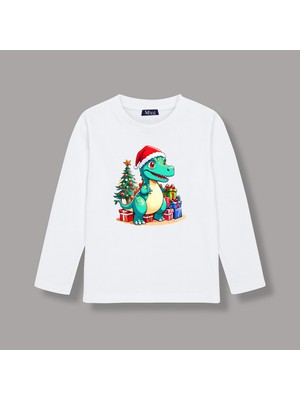 Mixxi Fashion Sevimli Dinazor Baskılı Yılbaşı Yeni Yıl Noel Konsept Uzun  Kollu Unisex Tişört (4-13 Yaş)