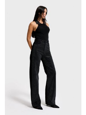 It's Basic Itsbasic Kadın Loose Fit Siyah Renk Lora Parlak Baklava Taşlı Denim Pantolon Yüksek Bel