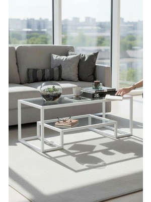 Tolia Home Modern Raflı Beyaz Renk Metal İskeletli Şeffaf Temper Camlı Dikdörtgen Orta Sehpa