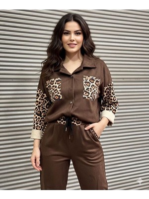 Kadın Orjinal Italyan Taşlı Leopar Detaylı Süet Takım (Gömlek ve Pantolon)