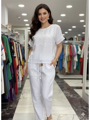 Kadın Papatya ve Yıldız Desenli File Detaylı Kısa Kol Keten Kombin (Bluz ve Pantolon)