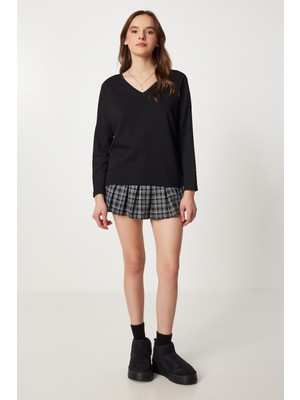 Happiness İstanbul Ön Arka V Yaka Modal Bluz LBY0032 Siyah