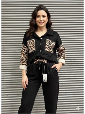 Kadın Orjinal Italyan Taşlı Leopar Detaylı Süet Takım (Gömlek ve Pantolon)