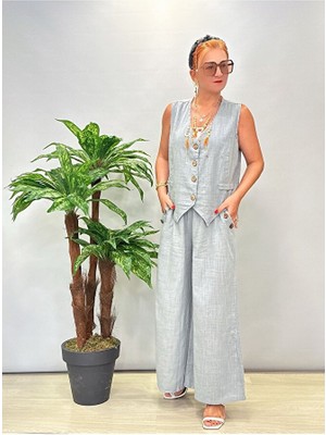 Kadın Keten Pamuk Düğmeli Yelek ve Pantolon Takım