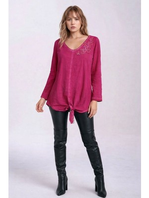 Mamayaga Kadın Bisiklet Yakası Taşlı %100 Cotton Viskon Uzun Kol Curve Büyük Beden Bluz