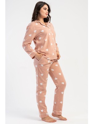 Vienetta Kadın Polar Pijama Takımı Uzun Kol Önden Düğmeli Kalp Desenli Pembe Renk C0T5N8161