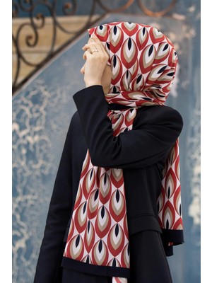 Vissona Lüks Medine Ipeği Geometrik Desenli Bordo Renkli 75X195 Kırışmaz Şal Moss Krep Dikiş Tipi Italyan Dikişli