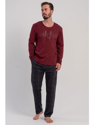 Vienetta Erkek Interlok Uzun Kollu Bisiklet Yaka Ekose Alt Bordo Pijama Takımı C1T1N1305