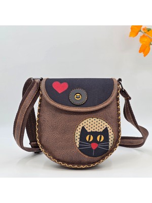 Kedi Aşkı Figürlü Çapraz Örgülü Kol Çantası Etnik Bohem Style - Kahverengi