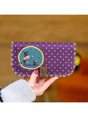 Gücünü Yansıt! Cadı ve Kara Kedi Figürlü Büyük Cüzdan (Mor Puantiyeli) Bohem Retro Vintage Şıklığı