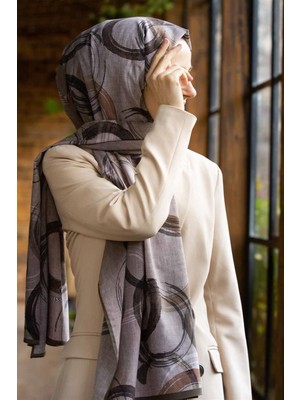 Vissona Lüks Medine Geometrik Desenli Vizon Renkli 75X195 Kırışmaz Şal Moss Krep Dikiş Tipi Italyan Dikişli