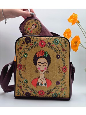 Frida Figürlü Büyük Postacı Kol Çantası Etnik Bohem Style Çanta Bordo Cüzdan Bordo Kombin