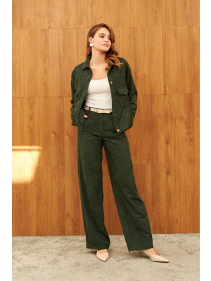 Stella Pulvis Yeşil Fitilli Kadife Yüksel Bel Pantolon