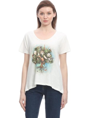 Avoria Doğa Dostu Organik Pamuk Doğa Ağacı Baskılı Bisiklet Yaka Kadın Tişört – Beyaz