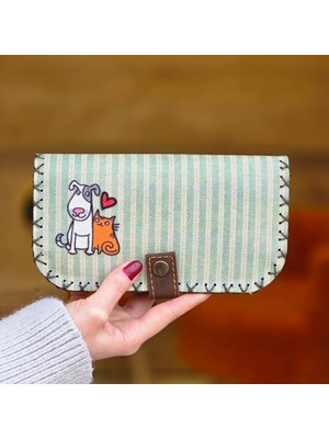Kalbini Taşı! Kedi & Köpek Dostluğu Temalı Büyük Cüzdan (Bohem El Yapımı)