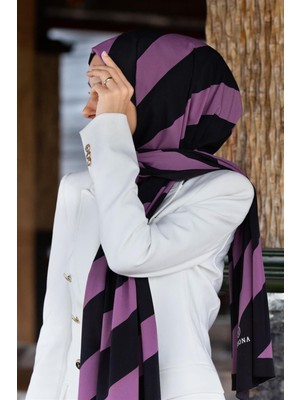 Vissona Lüks Medine Ipeği Çizgili Desenli Siyah - Gül Kurusu Renkli 75X195 Kırışmaz Şal Moss Krep Dikiş Tipi Italyan Dikişli