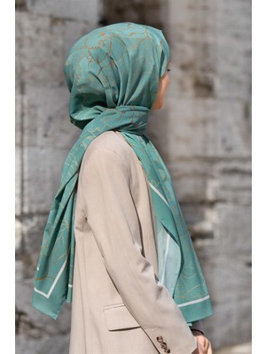 Vissona Lüks Medine Ipeği Çiçek Desenli Mint Yeşili Renkli 75X195 Kırışmaz Şal Moss Krep Dikiş Tipi Italyan Dikişli