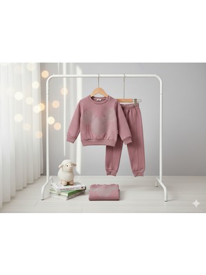 Selvira Şardonlu Taşlı Baskılı Kışlık 2'li Sweatshirt Eşofman Seti