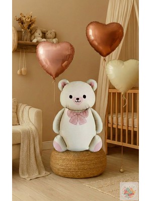 Joyane Retro Ayı ve 3 Retro Krem Karamel Çikolata Kalp Folyo Balon Konsept