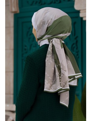 Vissona Lüks Medine Geometrik Desenli Bej - Haki Renkli 75X195 Kırışmaz Şal Moss Krep Dikiş Tipi Italyan Dikişli