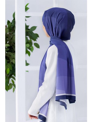 Vissona Lüks Medine Ipeği Geometri Desenli Lacivert Renkli 75X195 Kırışmaz Şal Moss Krep Dikiş Tipi Italyan Dikişli