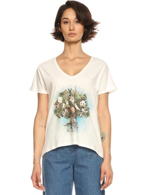 Avoria Doğa Dostu Organik Pamuk Doğa Ağacı Baskılı V Yaka Kadın Tişört– Beyaz