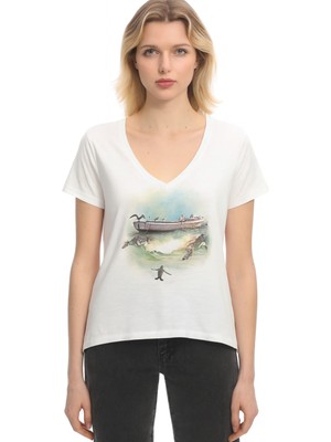 Avoria Doğa Dostu Organik Pamuk Deniz ve Yaban Hayatı Baskılı V Yaka Kadın Tişört– Beyaz