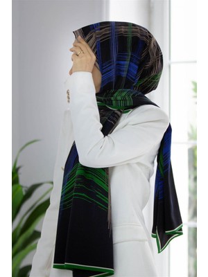 Vissona Lüks Medine Ipeği Fırça Desenli Zümrüt Yeşili Renkli 75X195 Kırışmaz Şal Moss Krep Dikiş Tipi Italyan Dikişli