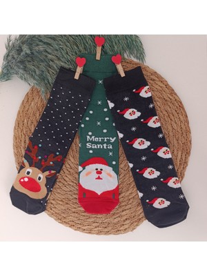  yılbaşı konsept pamuklu çocuk çorabı 3 lü paket karışık desen siyah geyik 9-11 yaş