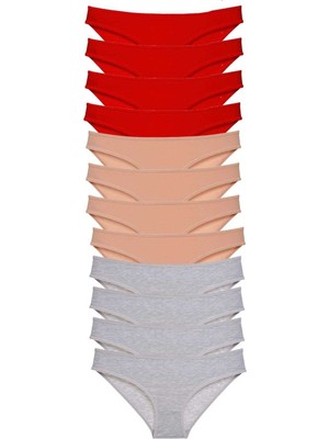 Leopardess 12 adet Eko Set Likralı Kadın Slip Külot Kırmızı Ten Gri