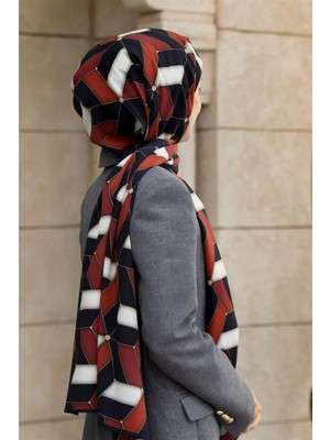 Vissona Lüks Medine Ipeği Geometrik Desenli Kırmızı Renkli 75X195 Kırışmaz Şal Moss Krep Dikiş Tipi Italyan Dikişli