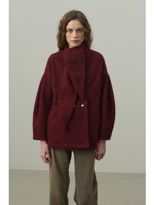 Fahhar Fularlı Dokulu Kaşe Ceket Bordo