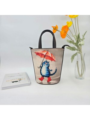 Şemsiye Tutan Kedi Tasarımlı Kova Çanta Etnik Bohem Style - Siyah