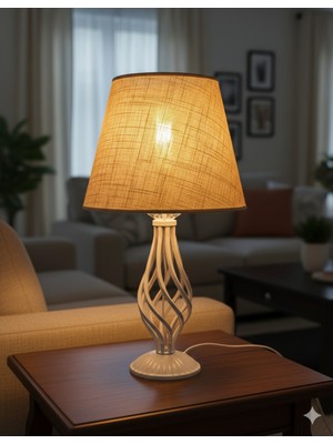 Decodelight Beyaz Rustik Burgulu Taşlı Metal Ayaklı 25'lik Hazeran ve Hasır Kumaş Şapkalı Abajur Masa Lambası