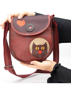 Kedi Aşkı Figürlü Çapraz Örgülü Kol Çantası Etnik Bohem Style - Bordo