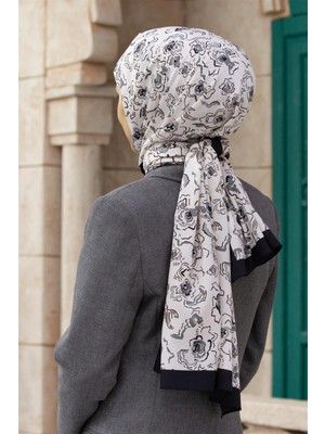 Vissona Lüks Medine Ipeği Çiçekli Gümüş - Gri Renkli 75X195 Kırışmaz Şal Moss Krep Dikiş Tipi Italyan Dikişli