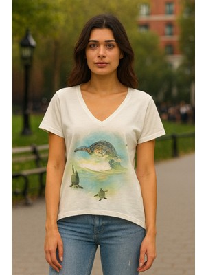 Avoria Doğa Dostu Organik Pamuk Deniz Kaplumbağası Baskılı V Yaka Kadın Tişört – Beyaz