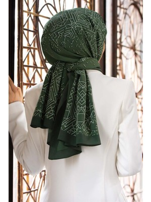 Vissona Lüks Medine Ipeği Geometrik Desenli Su Yeşili - Petrol Yeşili Renkli 75X195 Kırışmaz Şal Moss Krep Dikiş Tipi Italyan Dikişli