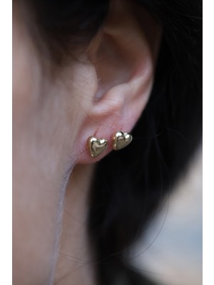 14 Ayar Altın Minimal Vidalı Bombeli Kalp Küpe