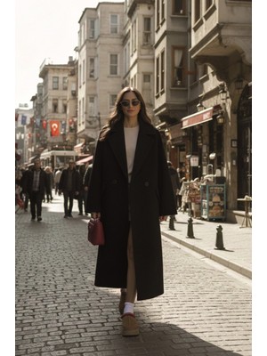 1Tarz Kadın Kışlık Detaylı Kaşmir Kaban %100 Polyester Uzun Kol Sarı Ekose Desenli