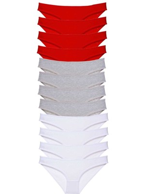 Leopardess 12 adet Süper Eko Set Likralı Kadın Slip Külot Kırmızı Gri Beyaz