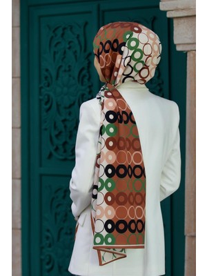 Vissona Lüks Medine Ipeği Geometrik Desenli Bakır Renkli 75X195 Kırışmaz Şal Moss Krep Dikiş Tipi Italyan Dikişli