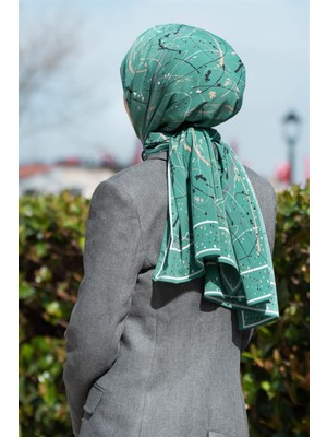 Vissona Lüks Medine Ipeği Boya Damlası Desenli Petrol Yeşili Renkli 75X195 Kırışmaz Şal Moss Krep Dikiş Tipi Italyan Dikişli