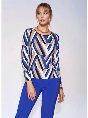 Mamayaga Kadın Bisiklet Yaka Esnek Desenli Viskon Uzun Kol Curve Büyük Beden Bluz