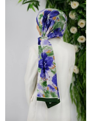 Vissona Lüks Medine Ipeği Çiçek Desenli Zümrüt Yeşili Renkli 75X195 Kırışmaz Şal Moss Krep Dikiş Tipi Italyan Dikişli