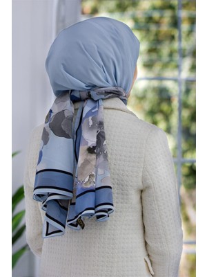 Vissona Lüks Medine Ipeği Çiçek Desenli Bebe Mavisi - Indigo Renkli 75X195 Kırışmaz Şal Moss Krep Dikiş Tipi Italyan Dikişli